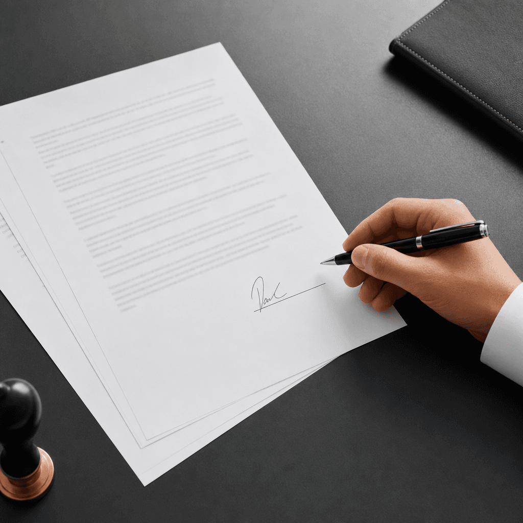 Une personne signe un contrat imprimé.