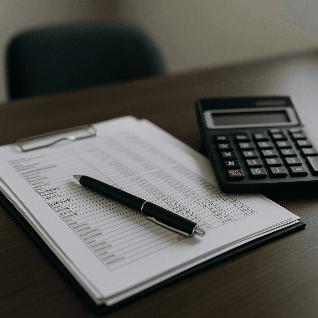 Documents comptables et calculatrice sur un bureau, image professionnelle sobre