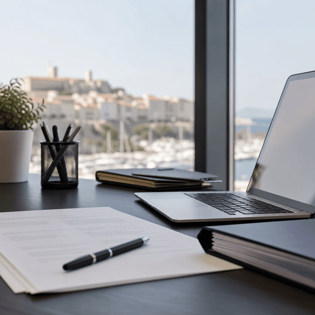 Ordinateur portable, documents et stylo sur un bureau près d’une fenêtre.